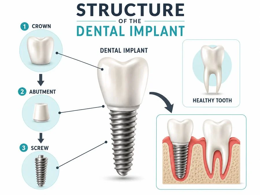 Dental implant structure diagram — crown, abutment, screw and jawbone — HSR Layout